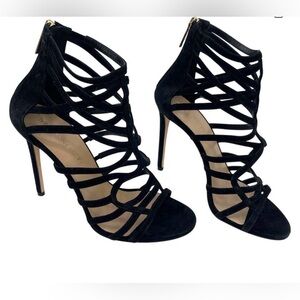 Tamara Mellon Goddess Heels Black Suede Gladiator Strappy Stiletto Sandal